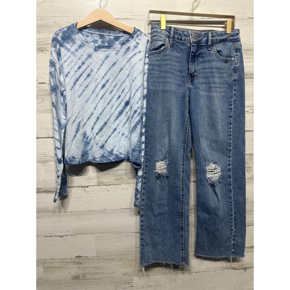 Crewcuts Art Class Outfit Girls 12 Blue Tie Dye Shirt Distressed Jeans EUC